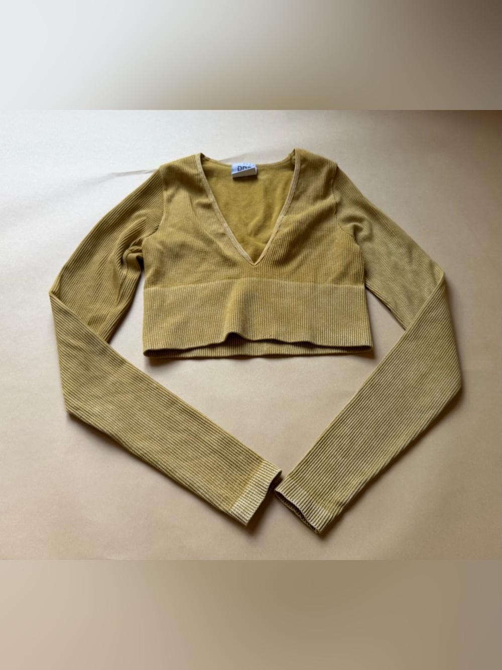 BDG Urban Outfitters Mustard Yellow Ribbed Long Sleeve Deep V- Neck Crop Top **M